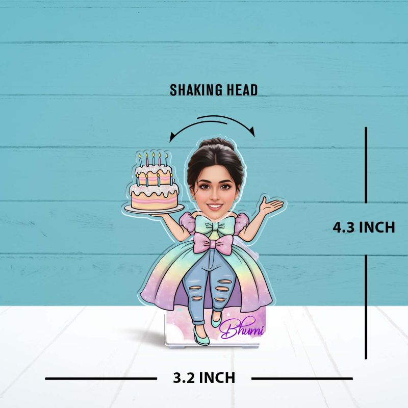 Personalized Birthday Girl Caricature with Shaking Head Feature, Custom with Face Photo Cutout & Name Birthday Gift for Bestie, Friends, Sister Battery Powered Moving Head